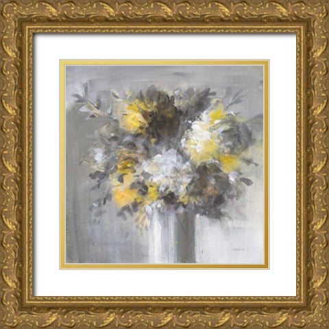 Weekend Bouquet Yellow Gray Gold Ornate Wood Framed Art Print with Double Matting by Nai, Danhui