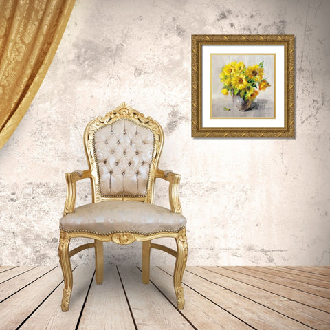 Sunflower Still Life II on Gray Gold Ornate Wood Framed Art Print with Double Matting by Nai, Danhui