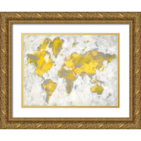 World Map Yellow Gray Gold Ornate Wood Framed Art Print with Double Matting by Nai, Danhui