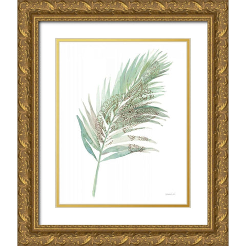 Boho Tropical Leaf III Green Gold Ornate Wood Framed Art Print with Double Matting by Nai, Danhui