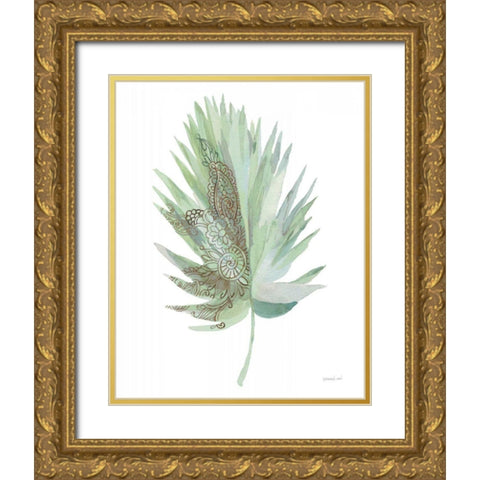 Boho Tropical Leaf IV Green Gold Ornate Wood Framed Art Print with Double Matting by Nai, Danhui