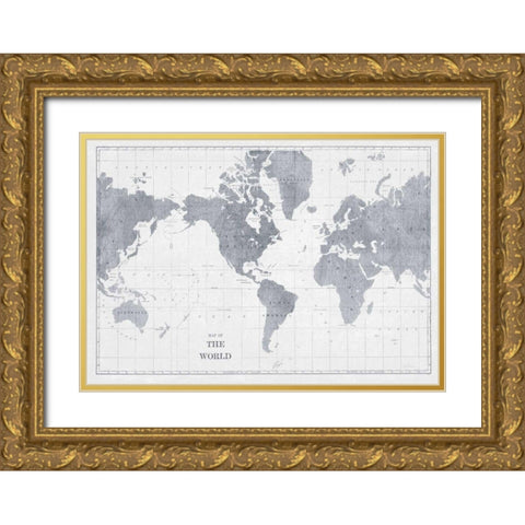 World Map Gray No Words Gold Ornate Wood Framed Art Print with Double Matting by Schlabach, Sue
