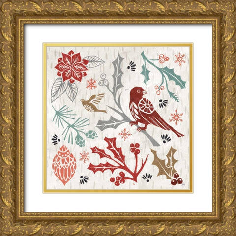 Woodcut Christmas IV Color Gold Ornate Wood Framed Art Print with Double Matting by Brissonnet, Daphne