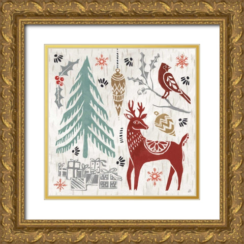 Woodcut Christmas V Color Gold Ornate Wood Framed Art Print with Double Matting by Brissonnet, Daphne