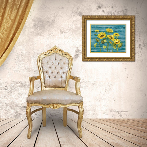 Cottage Sunflowers Teal Gold Ornate Wood Framed Art Print with Double Matting by Vassileva, Silvia