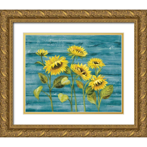 Cottage Sunflowers Teal Gold Ornate Wood Framed Art Print with Double Matting by Vassileva, Silvia