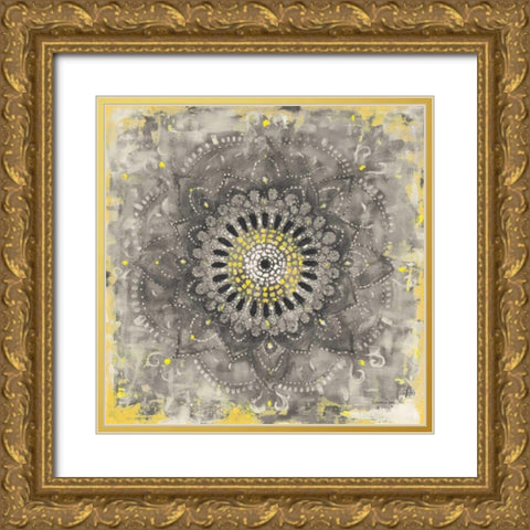 Gray Concentric Mandala Gold Ornate Wood Framed Art Print with Double Matting by Nai, Danhui