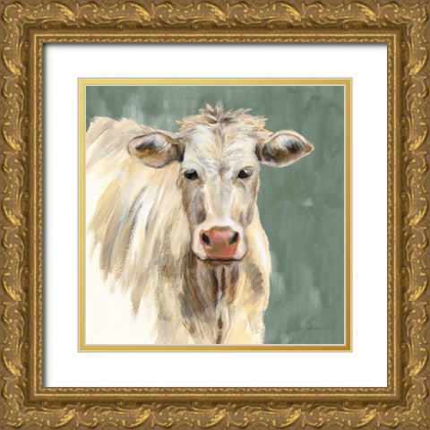 White Cow on Sage Gold Ornate Wood Framed Art Print with Double Matting by Vassileva, Silvia