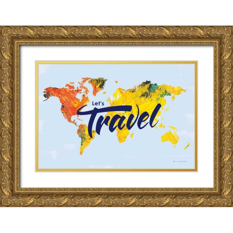 Lets Travel World Map Gold Ornate Wood Framed Art Print with Double Matting by Escalante, Omar