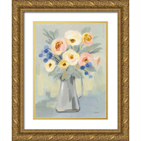 Pale Flowers on Sage Gold Ornate Wood Framed Art Print with Double Matting by Vassileva, Silvia