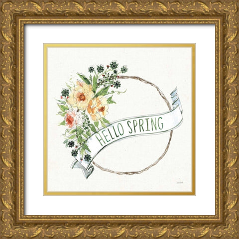 Hello Spring Wreath Gold Ornate Wood Framed Art Print with Double Matting by Tavoletti, Anne