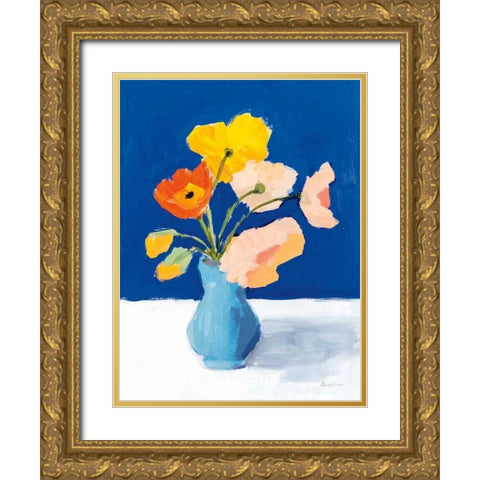 Poppies on Blue Gold Ornate Wood Framed Art Print with Double Matting by Munger, Pamela