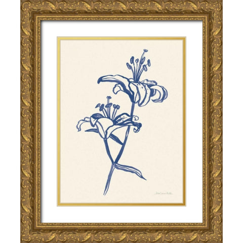 Ink Lilies I Blue Gold Ornate Wood Framed Art Print with Double Matting by Miller, Sara Zieve