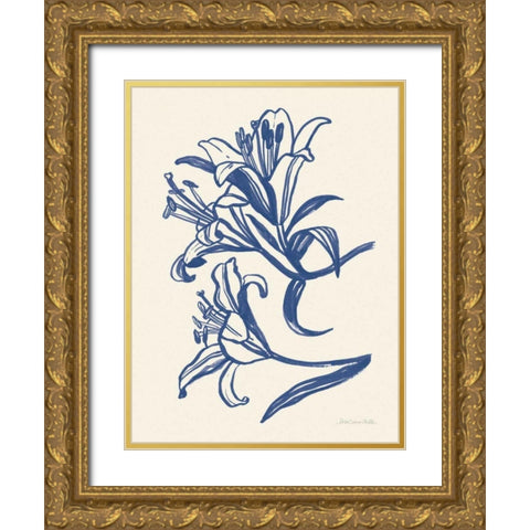 Ink Lilies II Blue Gold Ornate Wood Framed Art Print with Double Matting by Miller, Sara Zieve