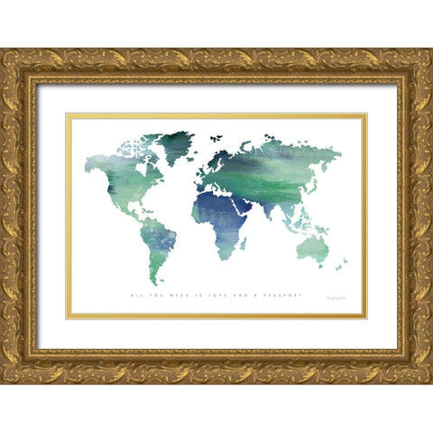 Passport to the World Blue Gold Ornate Wood Framed Art Print with Double Matting by Charro, Mercedes Lopez