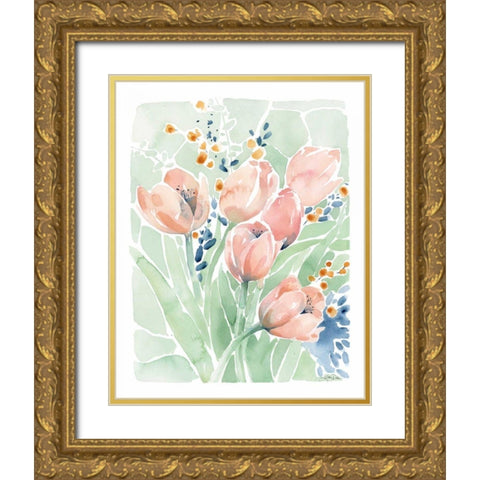 Tulip Spray Gold Ornate Wood Framed Art Print with Double Matting by Pete, Katrina