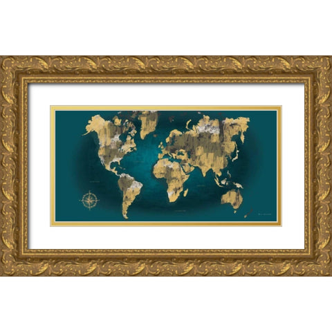 Sketched World Map Blue Crop Gold Ornate Wood Framed Art Print with Double Matting by Escalante, Omar