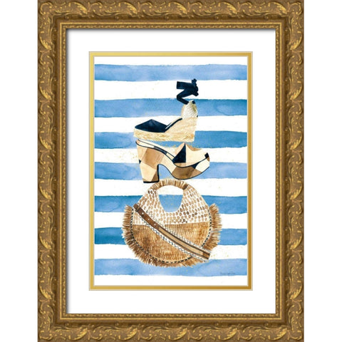 Beach Glam II Navy on Stripes Gold Ornate Wood Framed Art Print with Double Matting by Charro, Mercedes Lopez