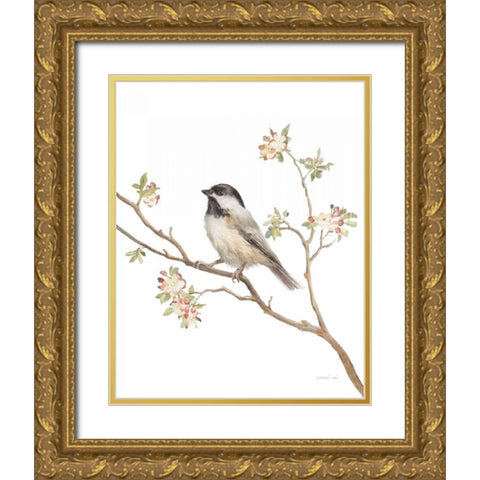 Black Capped Chickadee v2 on White Gold Ornate Wood Framed Art Print with Double Matting by Nai, Danhui