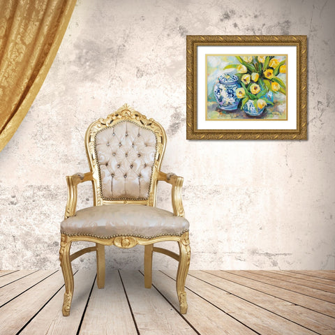 Tulips Chinoiserie Gold Ornate Wood Framed Art Print with Double Matting by Vertentes, Jeanette