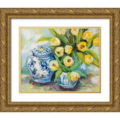 Tulips Chinoiserie Gold Ornate Wood Framed Art Print with Double Matting by Vertentes, Jeanette