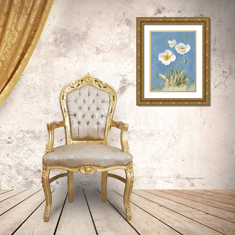 White Poppies I Gold Ornate Wood Framed Art Print with Double Matting by Nai, Danhui