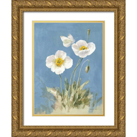 White Poppies I Gold Ornate Wood Framed Art Print with Double Matting by Nai, Danhui