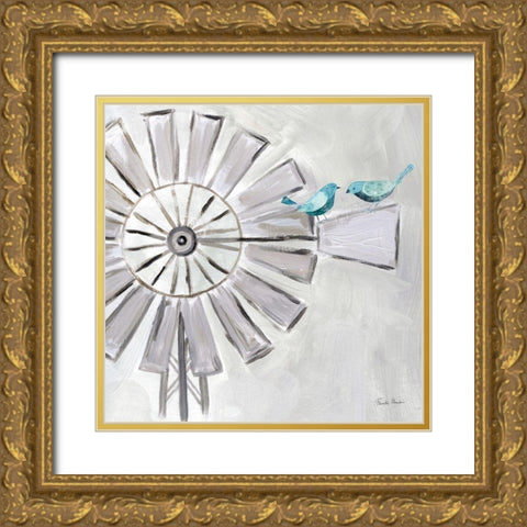 Farmhouse Windmill with Birds Gold Ornate Wood Framed Art Print with Double Matting by Zaman, Farida