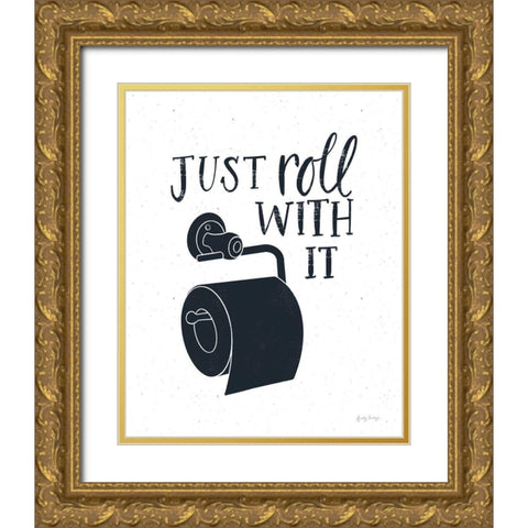 Bathroom Puns V Dark Blue Gold Ornate Wood Framed Art Print with Double Matting by Thorns, Becky