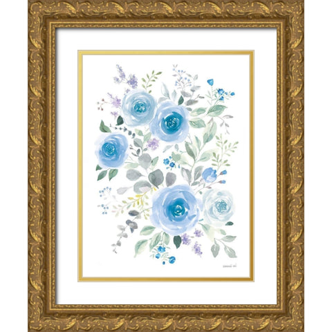 Lush Roses I Blue Gold Ornate Wood Framed Art Print with Double Matting by Nai, Danhui