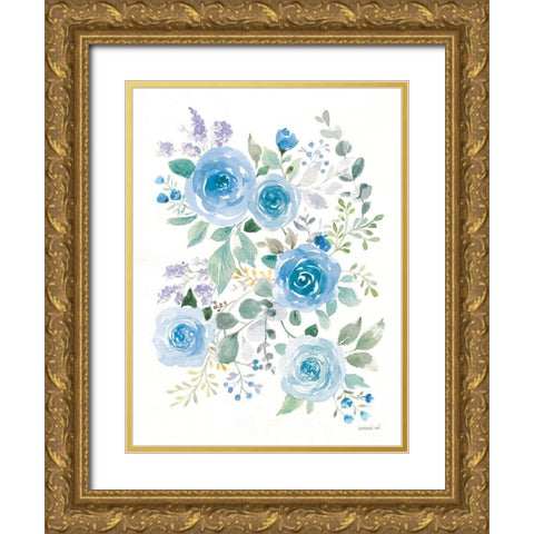 Lush Roses II Blue Gold Ornate Wood Framed Art Print with Double Matting by Nai, Danhui