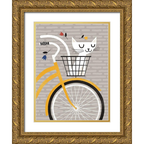 Cruising Cat Yellow Gold Ornate Wood Framed Art Print with Double Matting by Mullan, Michael
