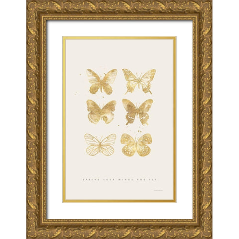 Six Gold Butterflies Gold Ornate Wood Framed Art Print with Double Matting by Charro, Mercedes Lopez