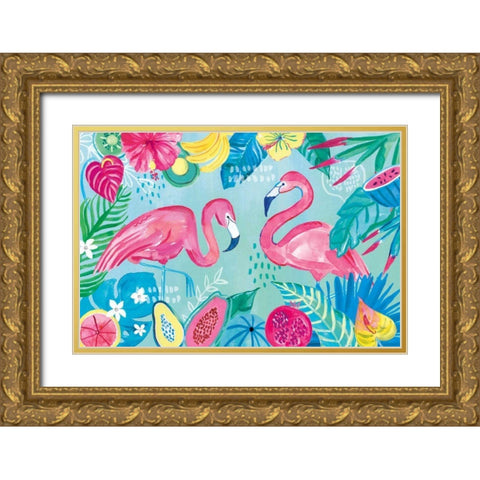 Fruity Flamingos I Gold Ornate Wood Framed Art Print with Double Matting by Zaman, Farida