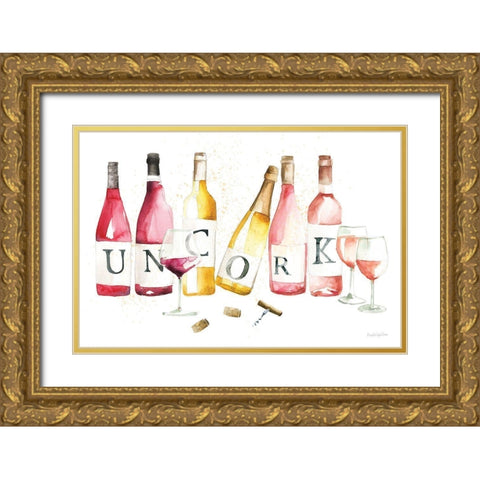 Pop the Cork XI Gold Ornate Wood Framed Art Print with Double Matting by Charro, Mercedes Lopez