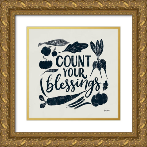 Harvest Lettering IV Blue Gold Ornate Wood Framed Art Print with Double Matting by Thorns, Becky