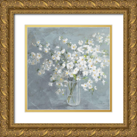 Fresh White Bouquet Gray Crop Gold Ornate Wood Framed Art Print with Double Matting by Nai, Danhui