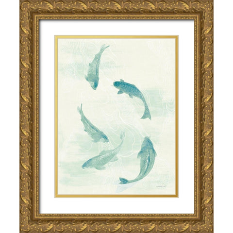 Celadon Koi I Gold Ornate Wood Framed Art Print with Double Matting by Nai, Danhui