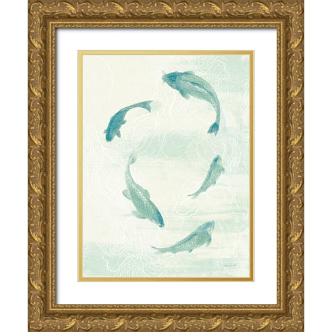 Celadon Koi II Gold Ornate Wood Framed Art Print with Double Matting by Nai, Danhui