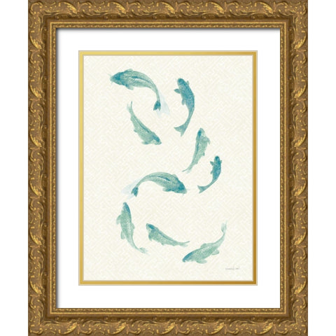 Celadon Koi III Gold Ornate Wood Framed Art Print with Double Matting by Nai, Danhui