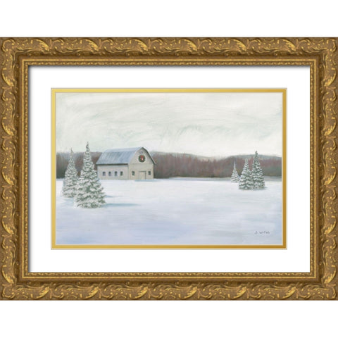 Holiday Winter Barn Gold Ornate Wood Framed Art Print with Double Matting by Wiens, James