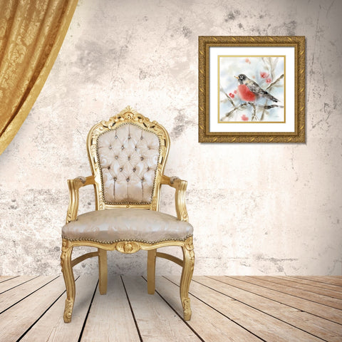 Winter Robin Gold Ornate Wood Framed Art Print with Double Matting by Pete, Katrina