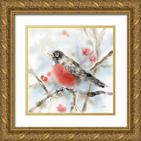 Winter Robin Gold Ornate Wood Framed Art Print with Double Matting by Pete, Katrina