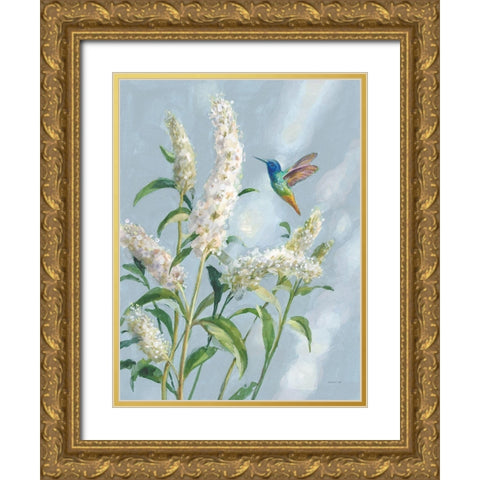 Hummingbird Spring II Soft Blue Gold Ornate Wood Framed Art Print with Double Matting by Nai, Danhui