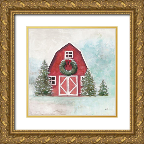 December Barn Blue Sky Gold Ornate Wood Framed Art Print with Double Matting by Purinton, Julia