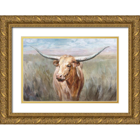 Big Sky Longhorn Sunset Gold Ornate Wood Framed Art Print with Double Matting by Nai, Danhui