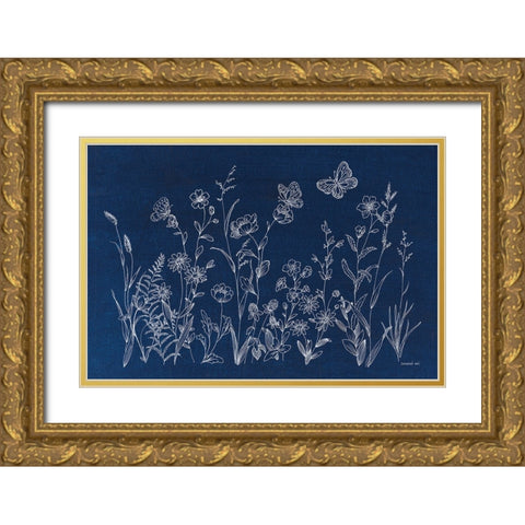 Blue Butterfly Garden Gold Ornate Wood Framed Art Print with Double Matting by Nai, Danhui