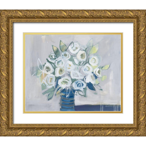 White Roses on Gray Gold Ornate Wood Framed Art Print with Double Matting by Munger, Pamela