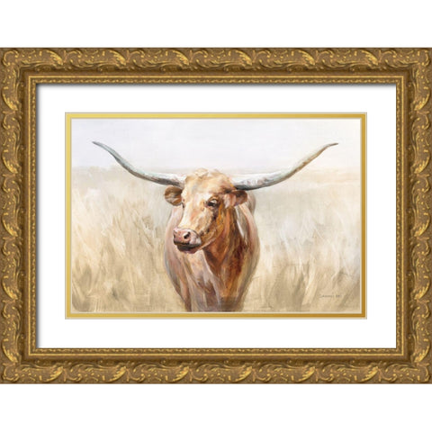 Big Sky Longhorn Neutral Gold Ornate Wood Framed Art Print with Double Matting by Nai, Danhui