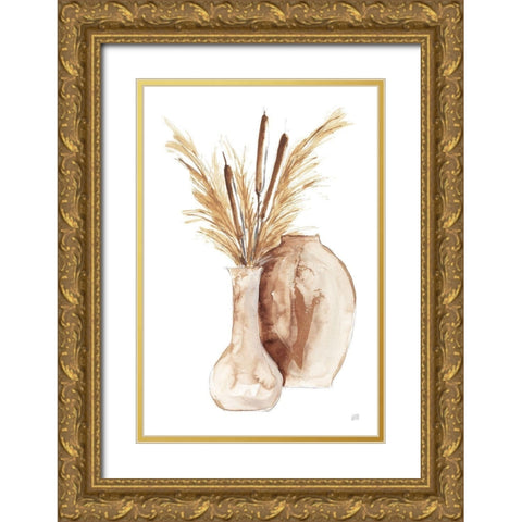 Earthy Vase Cattails Gold Ornate Wood Framed Art Print with Double Matting by Paschke, Chris